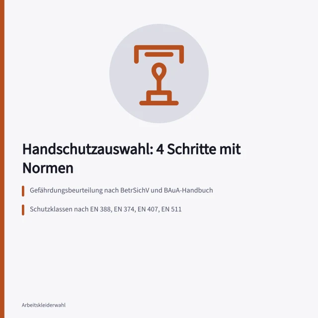 Vier Schritte zur Auswahl von Schutzhandschuhen mit Normen und Tragezeitbegrenzung. 4 Schritte zur Handschutzauswahl mit Schutzklassen und Tragezeitbegrenzung