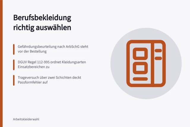 Karte zur Auswahl von Berufsbekleidung mit Gefährdungsbeurteilung und Trageversuch. 5 Fehler bei der Auswahl von Berufsbekleidung für Produktionsbetriebe