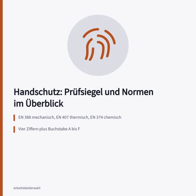Schutzhandschuh mit EN-388-Prüfsiegel und CE-Kennzeichnung auf Werkbank. Handschutz Prüfsiegel und Normen nach EN 388, EN 407 und EN 374