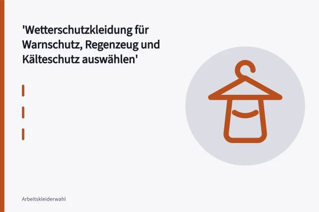 Warnschutzjacke, Regenjacke und Kälteschutzjacke mit Normetiketten in der Werkstatt. Wetterschutzkleidung für Warnschutz, Regenzeug und Kälteschutz auswählen