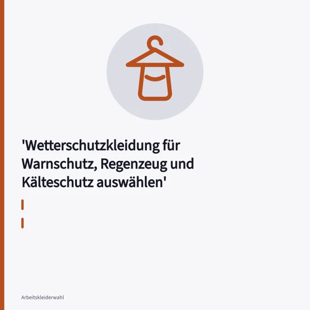 Warnschutzjacke, Regenjacke und Kälteschutzjacke mit Normetiketten in der Werkstatt. Wetterschutzkleidung für Warnschutz, Regenzeug und Kälteschutz auswählen